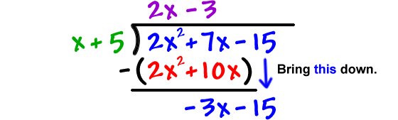 bring the -15 down, giving -3x - 15 under the dividend