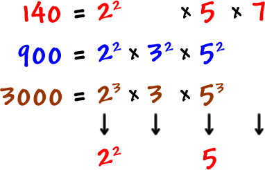 140 = 2^2 x 5 x 7  ...  900 = 2^2 x 3^2 x 5^2  ...  3000 = 2^3 x 3 x 5^3  ...  2^2  and 5