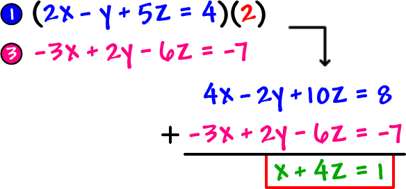 1 ) ( 2x - y + 5z = 4 ) ( 2 ) and 3 ) -3x + 2y - 6z = -7 ... add them together ... ( 4x - 2y + 10z = 8 ) + ( -3x + 2y - 6z = -7 ) = x + 4z = 1 ... put a box around this equation