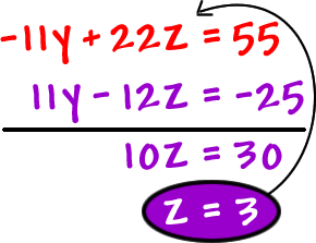 ( -11y + 22z = 55 ) + ( 11y - 12z = -25 ) = ( 10z = 30 ) ... z = 3 ... circle him and plug him back into -11y + 22z = 55 for z