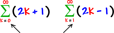 the summation of ( 2k + 1 ) as k goes from 0 to infinity and the summation of ( 2k - 1 ) as k goes from 1 to infinity