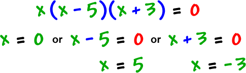x ( x - 5 ) ( x + 3 ) = 0 gives x = 0 or x - 5 = 0 or x + 3 = 0 which gives x = 0, x = 5 and x = -3