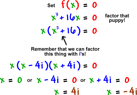 Set f ( x ) = 0 ... x^3 + 16x = 0 ... factor that puppy! ... x ( x^2 + 16 ) = 0 ... remember that we can factor this thing with i's! ... x ( x - 4i ) ( x + 4i ) = 0 gives x = 0 or x- 4i = 0 or x + 4i = 0 which gives x = 4i and x = -4i