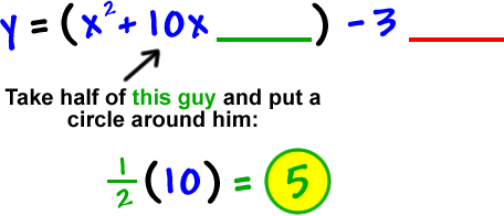 y = ( x^2 + 10x ____ ) - 3 ____ ... take half of 10x and put a circle around him: 1/2 ( 10 ) = 5 ... 5 is circled guy