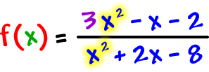 f( x ) = ( 3x^2 - x - 2 ) / ( x^2 + 2x - 8 )