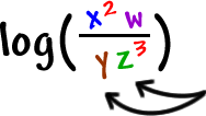 log( ( x^2 w ) / ( y z^3 ) )