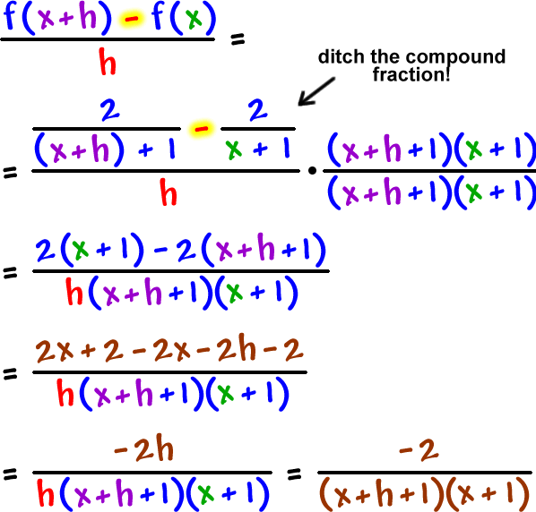 ( f( x + h ) - f( x ) ) / h  =  ( ( 2 / ( x + h ) + 1 ) - 2 / x + 1 ) / h * ( x + h + 1 )( x + 1 ) / ( x + h + 1 )( x + 1 )  ...  ditch the compound fraction!  ...  =  ( 2( x + 1 ) - 2( x + h + 1 ) ) / ( h( x + h + 1 )( x + 1 ) )  =  ( 2x + 2 - 2x - 2h - 2 ) / ( h( x + h + 1 )( x + 1 )  =  -2h / ( h( x + h + 1 )( x + 1 ) )  =  -2 / ( x + h + 1 )( x + 1 )