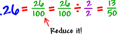 .26 = 26/100 = (26/100) / (2/2) = 13/50