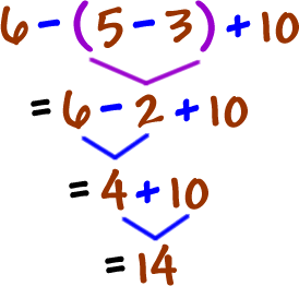 6 - ( 5 - 3 ) + 10 = 6 - 2 + 10 = 4 + 10 = 14