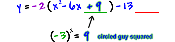 y = -2 ( x^2 - 6x + 9 ) - 13 ___ ... ( 3 )^2 = 9 ( circled guy squared )