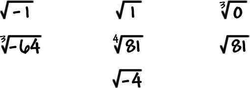 sqrt(-1)    sqrt(1)    cube root of 0    cube root of -64    4th root of 81    sqrt(81)    sqrt(-4)