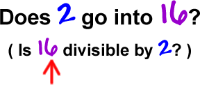 Does 2 go into 16?  ( Is 16 divisible by 2? )