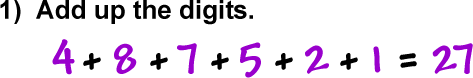 1 )  Add up the digits...  4 + 8 + 7 + 5 + 2 + 1 = 27