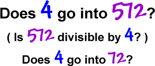 Does 4 go into 572?  ( Is 572 divisible by 4? )  Does 4 go into 72?