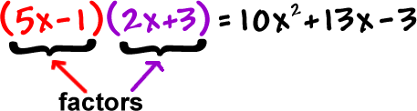 ( 5x - 1 ) ( 2x + 3 ) = 10x^2 + 13x - 3 ... ( 5x - 1 ) and ( 2x + 3 ) are the factors