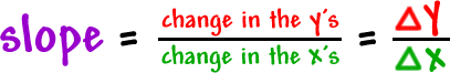 slope = ( change in the y's / change in the x's ) = ( delta y / delta x )
