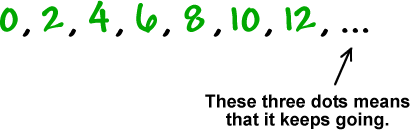 0 , 2 , 4 , 6 , 8 , 10 , 12 , ... These three dots means that it keeps going.