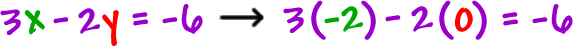 3x - 2y = -6 ... 3 ( -2 ) - 2 ( 0 ) = -6