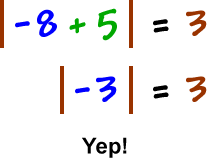 | -8 + 5 | = 3 ... | -3 | = 3 ... Yep!