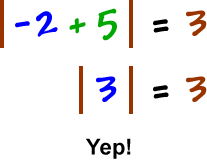 | -2 + 5 | = 3 ... | 3 | = 3 ... Yep!