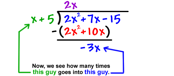 subtracting gives -3x ... now, we see how many times x goes into -3x