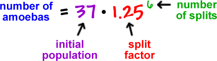 number of amoebas = 37 * 1.25^( 6 ) ... 37 is the initial population ... 1.25 is the split factor ... 6 is the number of splits