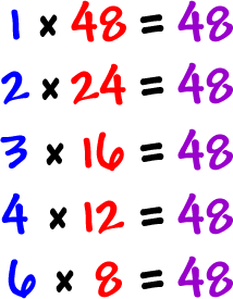 1 x 48 = 48 ...  2 x 24 = 48  ...  3 x 16 = 48  ...  4 x 12 = 48  ...  6 x 8 = 48