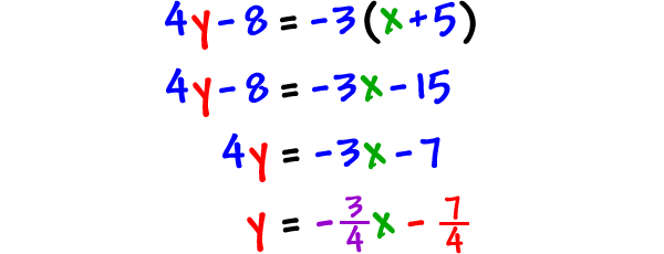 4y - 8 = -3( x + 5 )  ...  4y - 8 = -3x - 15  ...  4y = -3x - 7  ...  y = -( 3 / 4 )x - 7 / 4