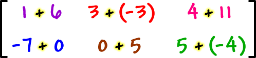 [ row 1: 1 + 6 , 3 + ( -3 ) , 4 + 11  row 2: -7 + 0 , 0 + 5 , 5 + ( -4 ) ]