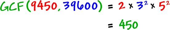 GCF( 9450 , 39600 ) = 2 x 3^2 x 5^2 = 450