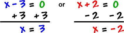 x - 3 = 0 or x + 2 = 0 ... add 3 to both sides of the first equation and subtract 2 from both sides of the second equation, which gives x = 3 or x = -2