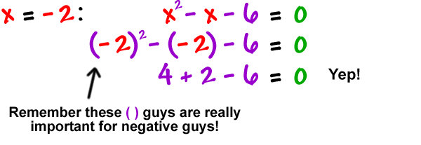 x = -2 ... x^2 - x - 6 = 0 which gives ( -2 )^2 - ( -2 ) - 6 = 0 which gives 4 + 2 - 6 = 0 ... yep! ... remember these ( ) guys are really important for negative guys!