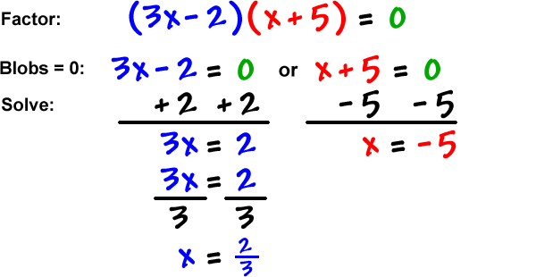 Factor: ( 3x - 2 ) ( x + 5 ) = 0 ... Blobs = 0: 3x - 2 = 0 or x + 5 = 0 ... Solve: add 2 to both sides of the first equation and subtract 5 from both sides of the second equation, which gives 3x = 2 or x = -5 (done) ... then, divide both sides of the first equation by 3, which gives x = 2/3