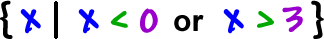 { x | x < 0 or x > 3 } ... the set of x such that x is less than 0 or x is greater than 3