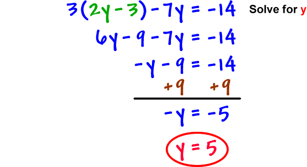 3 ( 2y - 3 ) - 7y = -14 ... solve for y ... 6y - 9 - 7y = -14 ... -y - 9 = -14 ... add 9 to both sides, which gives -y = -5 ... y = 5