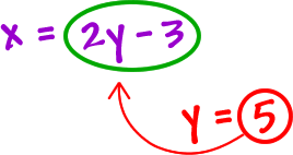 x = 2y - 3 ... y = 5 ... stick the 5 into the first equation for y