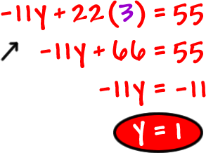 -11y + 22 ( 3 ) = 55 ... -11y + 66 = 55 ... -11y = -11 ... y = 1 ... circle him