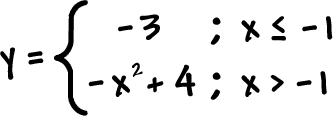 y = -3 for x is less than or equal to -1 and y = -x^2 + 4 for x > -1