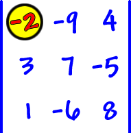 | row 1: -2 , -9 , 4  row 2: 3 , 7 , -5  row 3: 1 , -6 , 8 | ... circle the -2