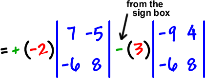 = + ( -2 ) | row 1: 7 , -5  row 2: -6 , 8 | - ( 3 ) | row 1: -9 , 4  row 2: -6 , 8 | ...the - sign in front of the ( 3 ) is from the sign box