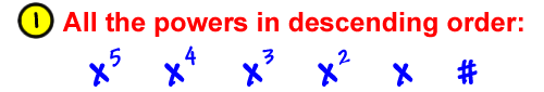 1) all the powers in descending order: x^5, x^4, x^3, x^2, x, #