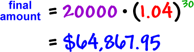 final amount = ( 20,000 )( 1.04 )^( 30 ) = $64,867.95