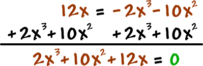 12x = -2x^3 - 10x^2 ... add ( 2x^3 + 10x^2 ) to both sides, which gives 2x^3 + 10x^2 + 12x = 0