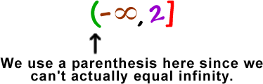 ( negative infinity, 2 ] We use a parentheses because we can't actually equal infinity.