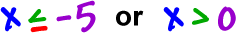 x is less than or equal to -5 or x > 0