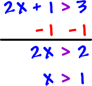 | 2x + 1 | > 3 ... subtract 1 from both sides ... 2x > 2 ... x > 1