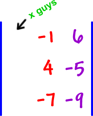 | row 1: __ , -1 , 6  row 2: __ , 4 , -5  row 3: __ , -7 , -9 | ... delete the x guys (column 1)
