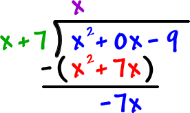 dividing gives x as the first term of the answer ... multiplying to ( x + 7 ) gives ( x^2 + 7x ) ... subtracting gives -7x