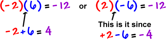 ( -2 ) ( 6 ) = -12 and -2 + 6 = 4 or ( 2 ) ( -6 ) = -12 and +2 - 6 = -4 ...the second option is correct