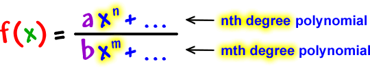 f ( x ) = ( ax^n + ... ) / (bx^m + ... ) ... the top is an nth degree polynomial and the bottom is an mth degree polynomial